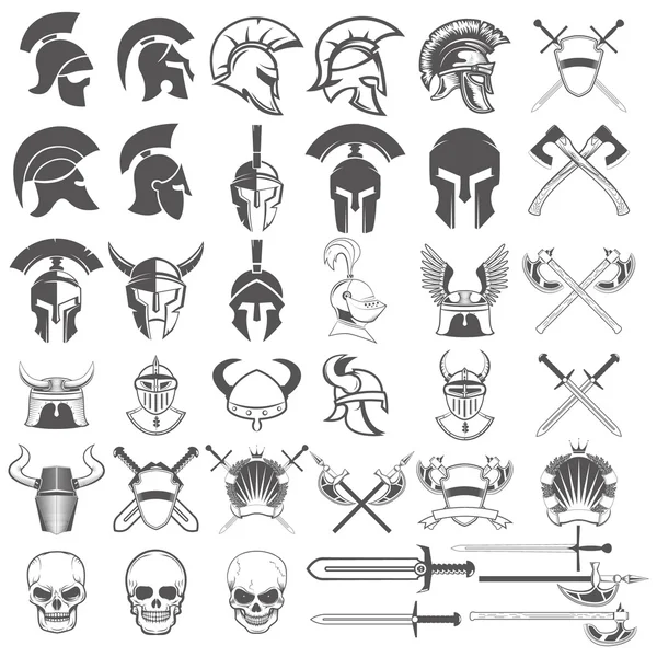 Sada starodávných zbraní, přileb, mečů a návrhových prvků. — Stockový vektor