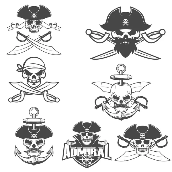 Conjunto de cráneos piratas . — Vector de stock