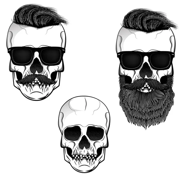 Conjunto de crânios com barba, bigode e óculos de sol. Elemento de projeto — Vetor de Stock