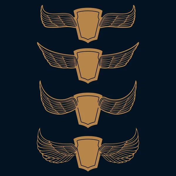 Conjunto de los emblemas con alas en estilo oro sobre fondo azul . — Vector de stock