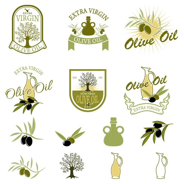 Set van de olijfolie labels en badges geïsoleerd op witte blauw — Stockvector