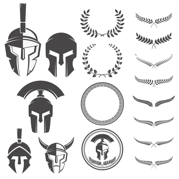 Conjunto de cascos de guerreros espartanos y elementos de diseño para embl — Vector de stock