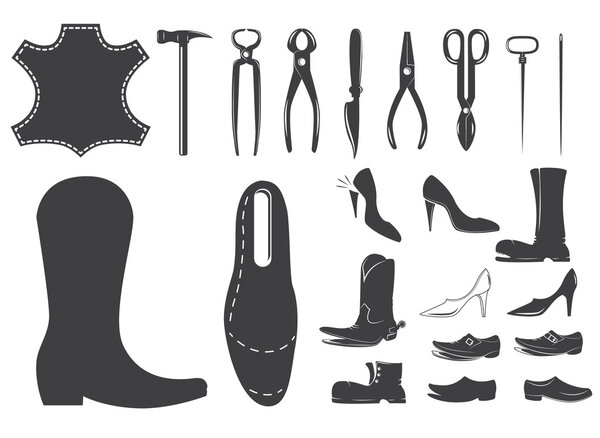 Shoes repair design elements. Leather workshop. Set of shoemaker
