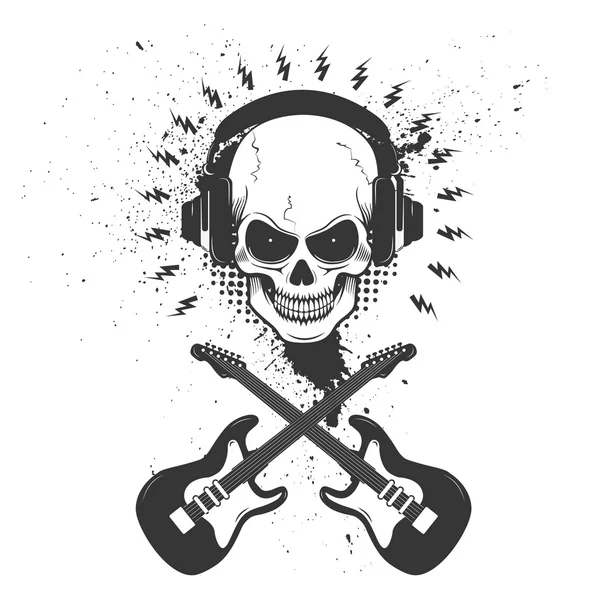 Calavera en auriculares con dos guitarras cruzadas en backgrou grunge — Vector de stock