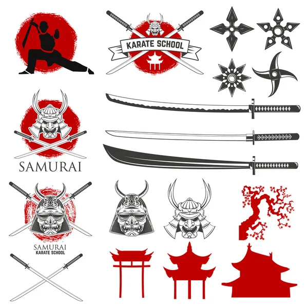 Set of karate school labels, emblems and design elements. Katana Vector Graphics