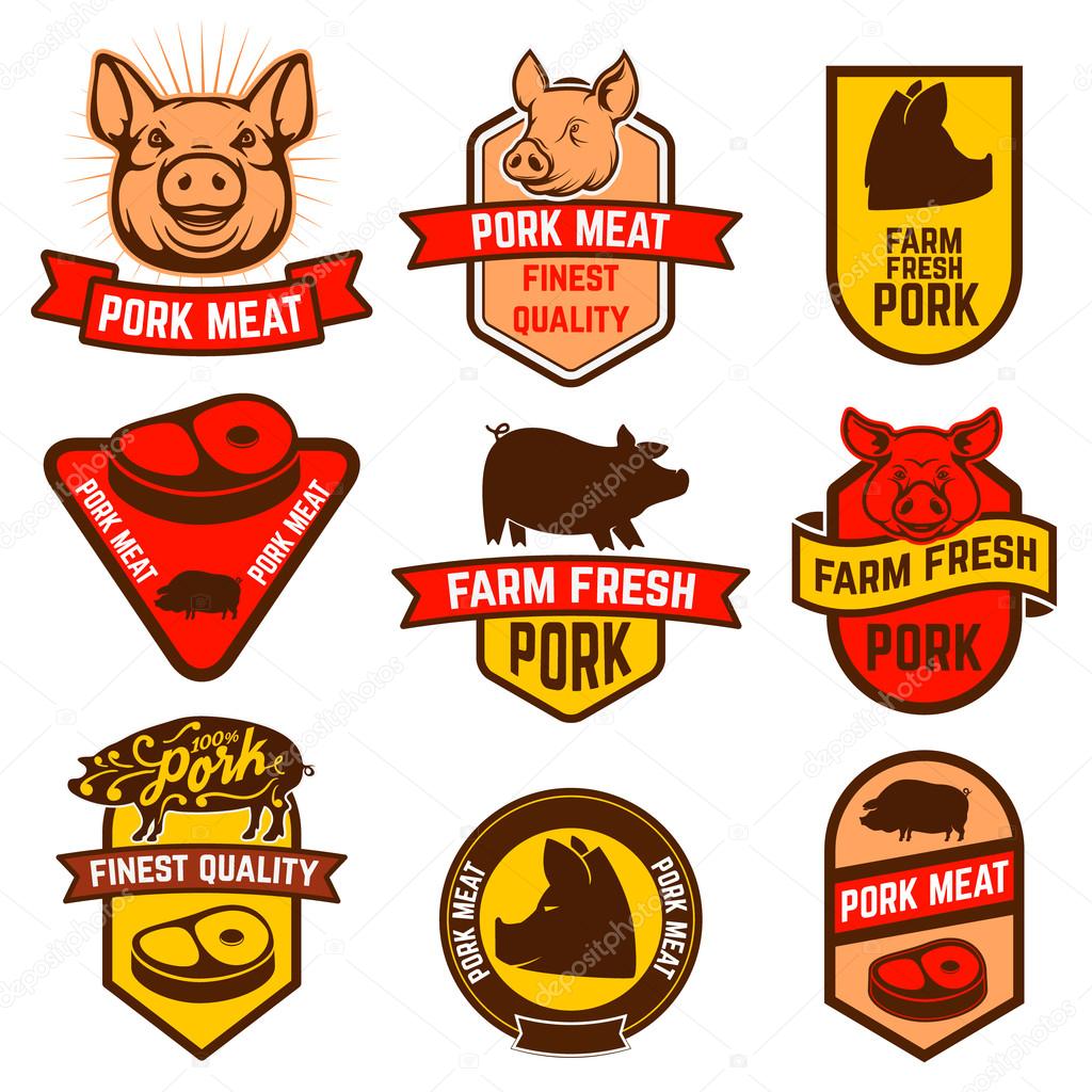 Pork meat, butcher shop labels.  Design element for logo, label, emblem, sign, mark. Vector illustration.