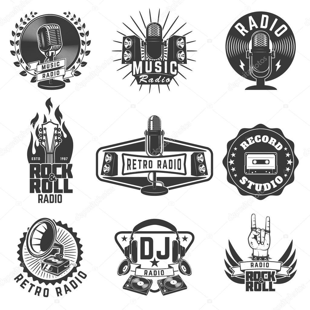 Radio labels. Retro radio, record studio, rock and roll radio emblems. Old style microphone, guitars. Design elements for logo, label, sign, badge.