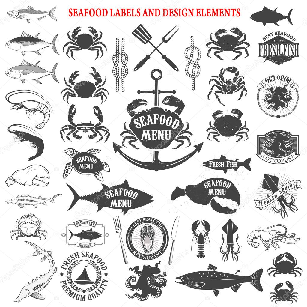 Seafood menu labels set. Design elements for logo, label, emblem, sign, brand mark, restaurant menu, poster. Vector illustration.
