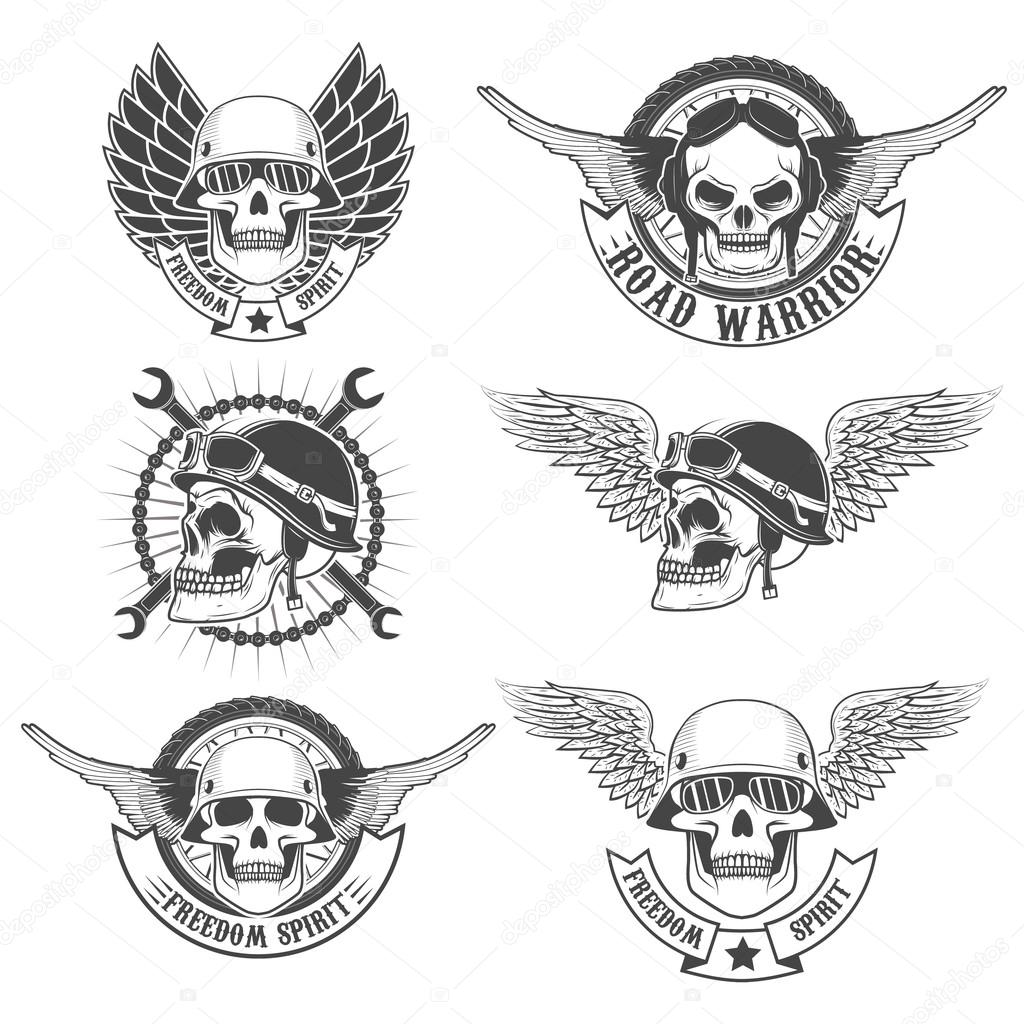 Set of motorcycle club labels templates.Skulls in motorcycle helmets with wings. Design elements for logo, label, emblem, sign, badge. Vector illustrations.