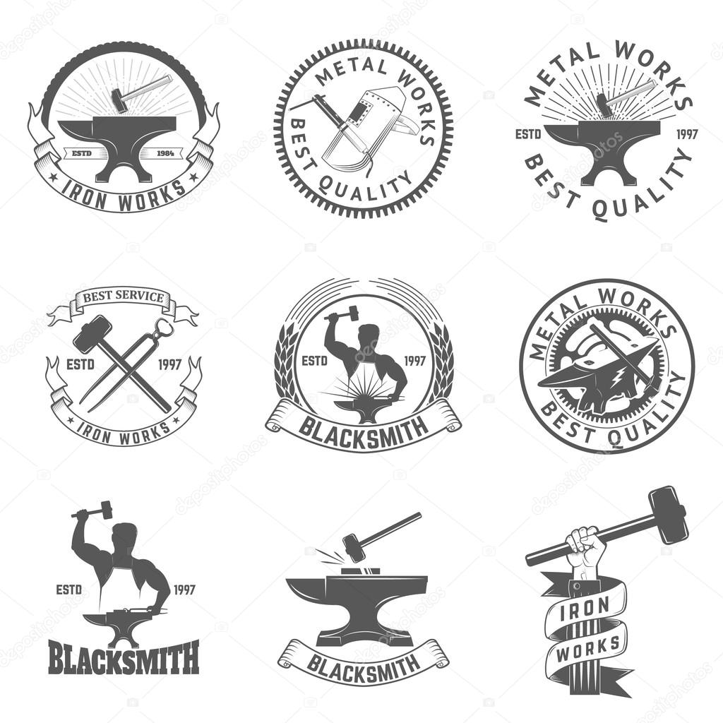 Set of blacksmith, iron works labels, badges and design elements. Iron works emblems.