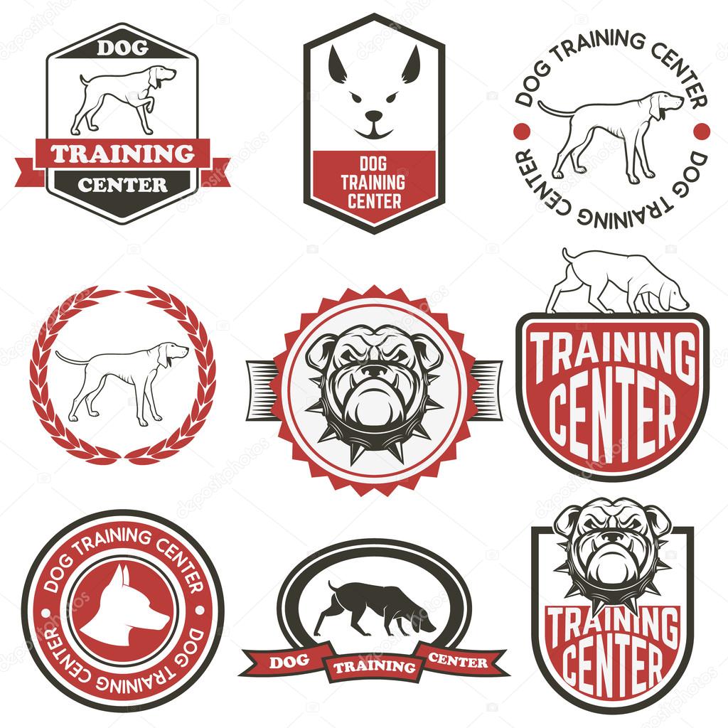 Set of Dog training center labels. Design element for logo, label, emblem, sign, badge. Vector illustration.