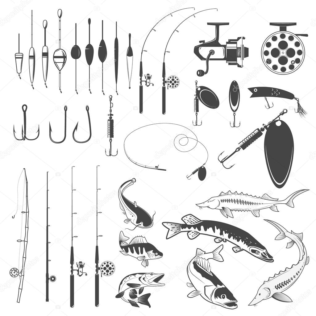 Set of fishing tools, river fish icons, equipment for fishing. D Stock  Vector by ©art-l@i.ua 118664362