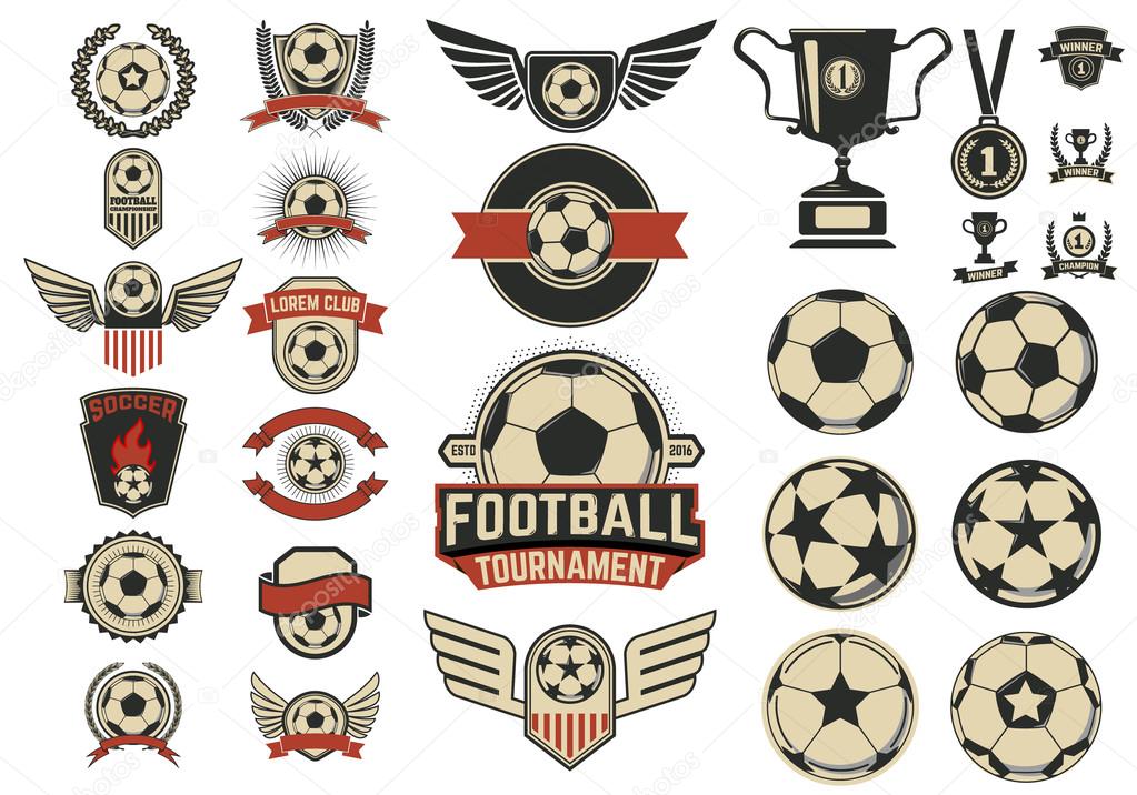 Set of  football labels and design emblems isolated on white background. Soccer tournament.  Vector design elements for logo, label, emblem.