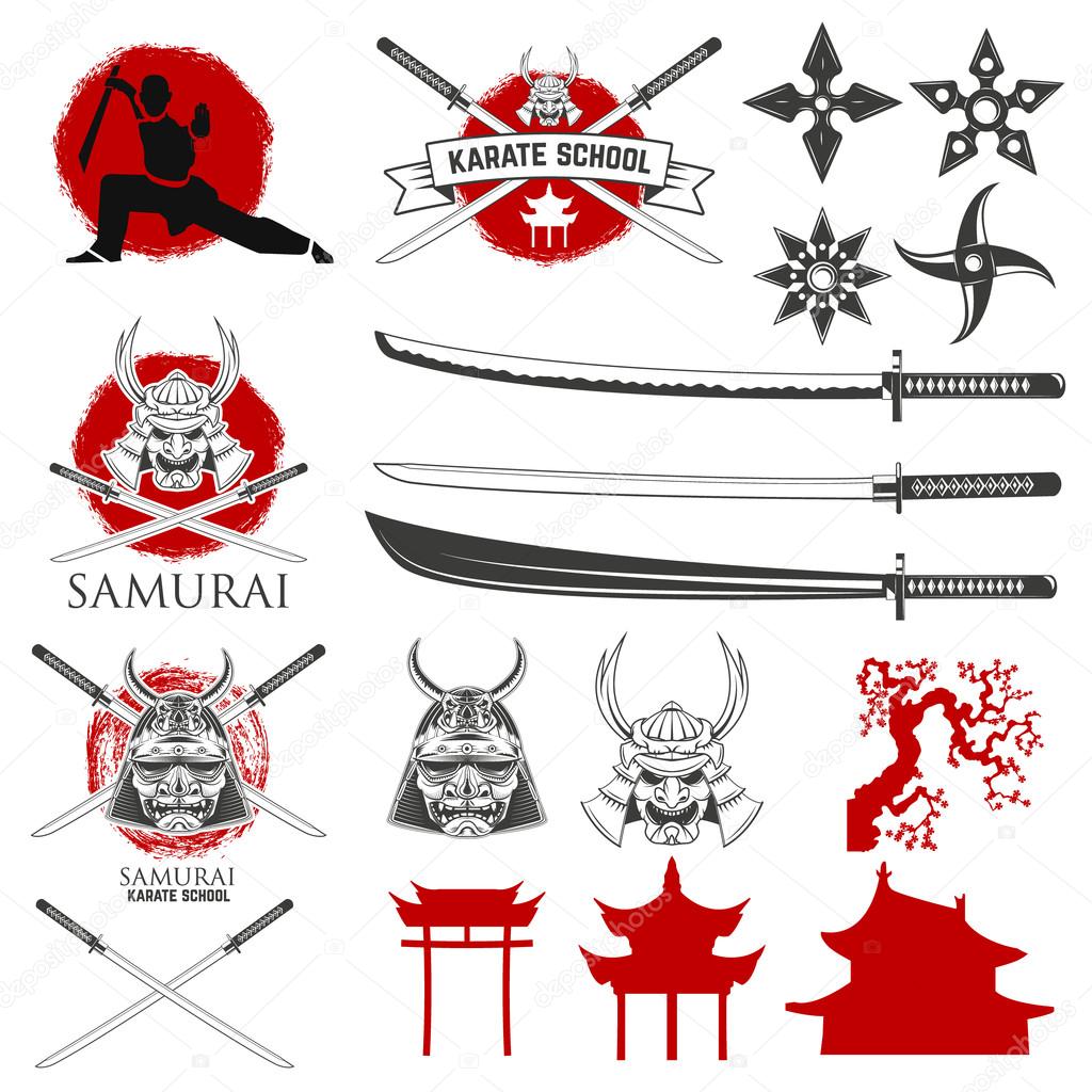 Set of karate school labels, emblems and design elements. Katana sword fight school.  Vector illustration.