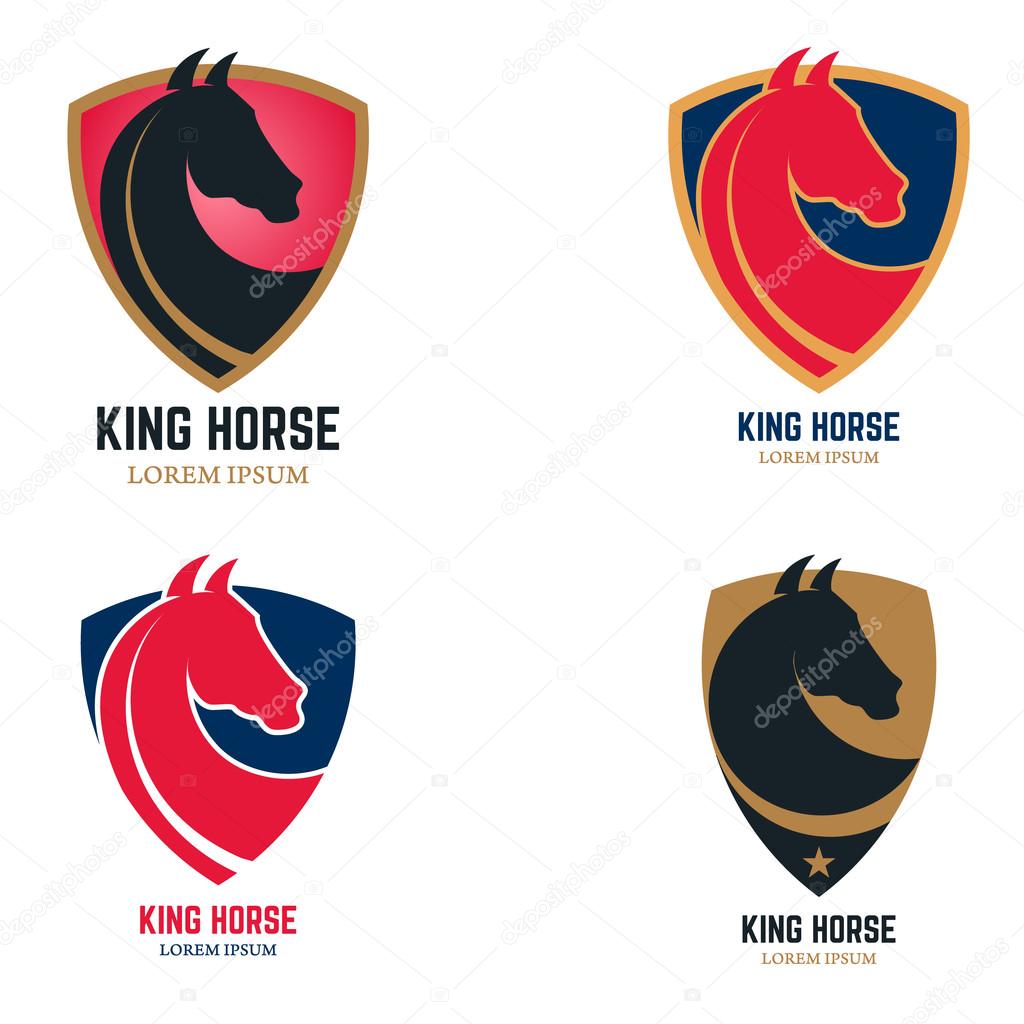 Set of logo templates with horse head. King horse sign on shield shape. Design element for logo, label, sign, badge. Vector illustration.