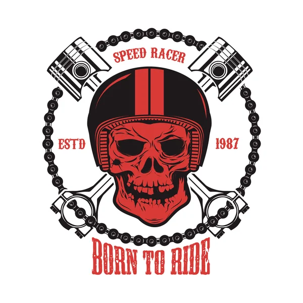 Born to ride. Skull in motorcycle helmet with crossed pistons. — Stock Vector