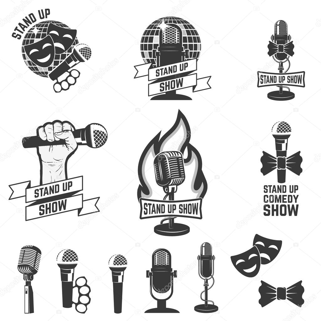Stand up comedy show labels. Set of old style microphones. Design elements for logo, albel, emblem, sign. Vector illustration.