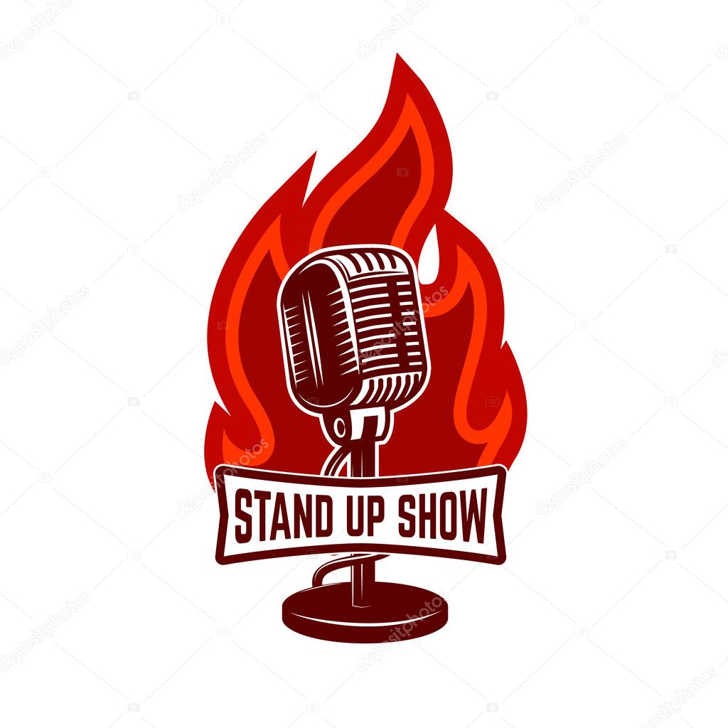Stand up show emblem template. Design element for poster, flyer, emblem, sign. Vector illustration.