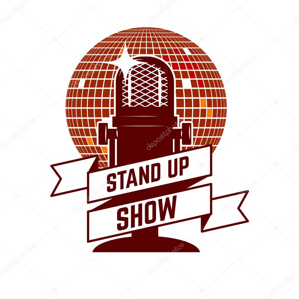 Stand up show emblem template. Design element for poster, flyer, emblem, sign. Vector illustration.