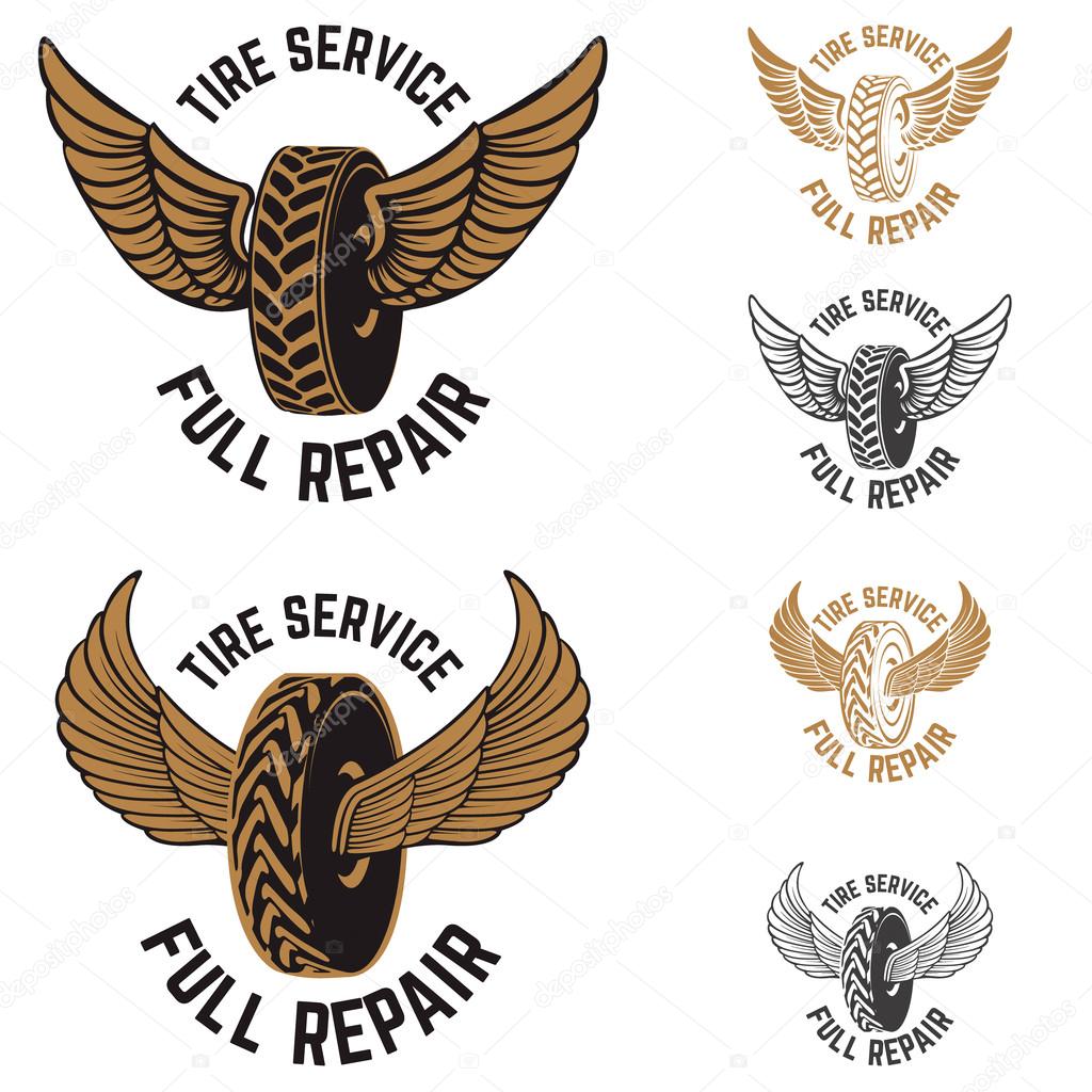Tire service. Car repair. Winged wheels. Design elements for logo, label, emblem. Vector illustration.