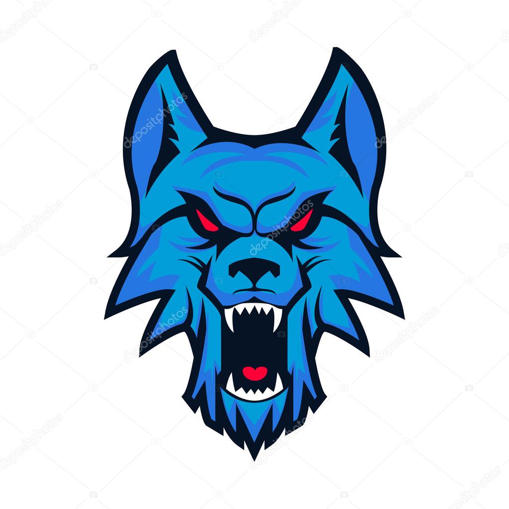 Template of logo with angry wolf head isolated on white background. Emblem for sport team. Mascot. Design elements for logo, albel, emblem, sign. Vector illustration.
