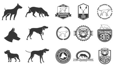 Köpek simgeleri, etiketler ve tasarım öğeleri kümesi. 