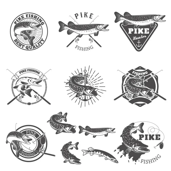 Pike fishing labels. — Stock Vector