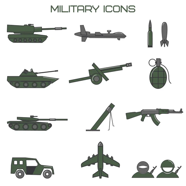 Conjunto de ícones militares. tanque, máquina de combate, drone, argamassa amm —  Vetores de Stock