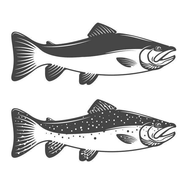 Set van forel iconen. Ontwerpelementen voor visserij club of team. — Stockvector