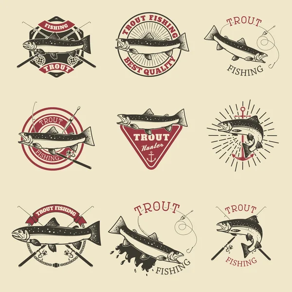 Conjunto de etiquetas de pesca de trucha. Club de pesca, plantilla de emblemas de equipo — Vector de stock