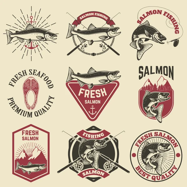 Set de etiquetas vintage con pescado salmón. Pesca de salmón, salmón m — Vector de stock