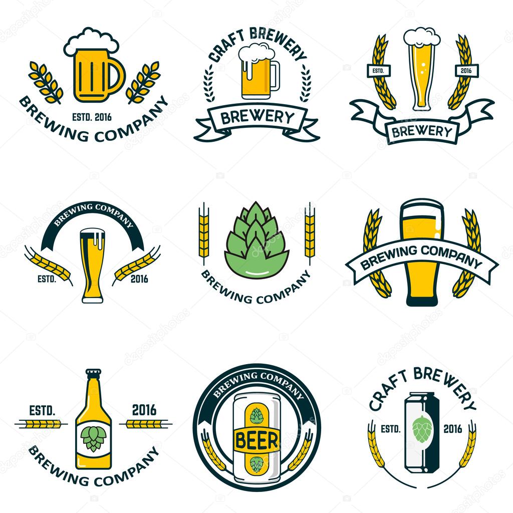 Brewery labels and design elements. Beer mugs, bottles, hop, wheat wreath. Design elements for logo, label, emblem, brand mark. Vector illustration.
