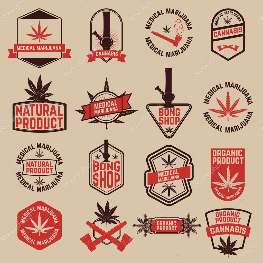 Set of cannabis labels. Medical marijuana, bong shop. Design elements for logo, label, emblem, sign, brand mark. Vector illustration.