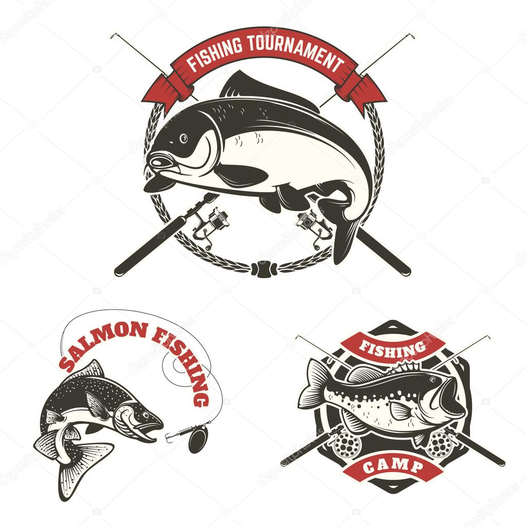 Fishing tournament labels. Carp fishing, salmon fishing, perch fishing. Design elements for logo, label, emblem, sign, brand mark. Vector illustration.