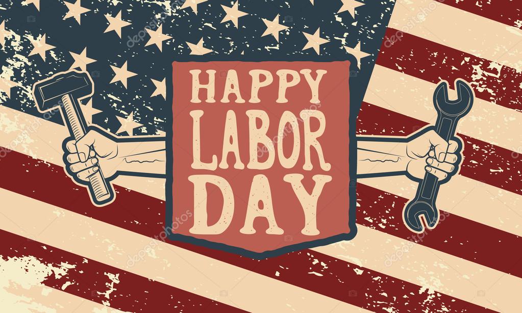 Happy labor day poster template. Flag of USA on grunge background. Vector illustration.