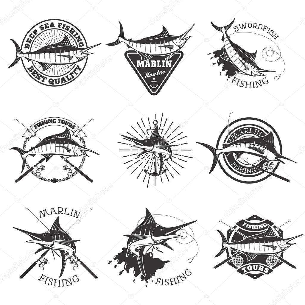 Marlin fishing. Swordfish icons. Deep sea fishing. Design elements for emblem, sign, brand mark. Vector illustration.
