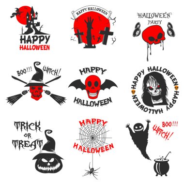 Cadılar Bayramı partisi etiketleri, rozetleri ve tasarım öğeleri kümesi. 