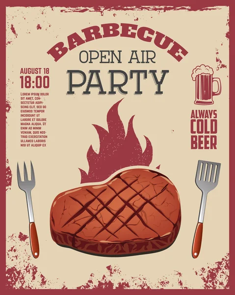 Barbecue flyer de fête en plein air. Steak de boeuf et outils de cuisine sur g — Image vectorielle