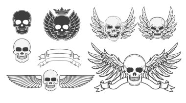 Kanatlı kafatasları kümesi. Tasarım öğesi t-shirt baskı, POS