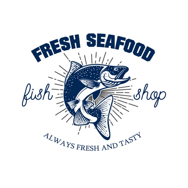 Makanan laut segar. Templat lambang toko makanan laut. Salmon pada ba putih - Stok Vektor