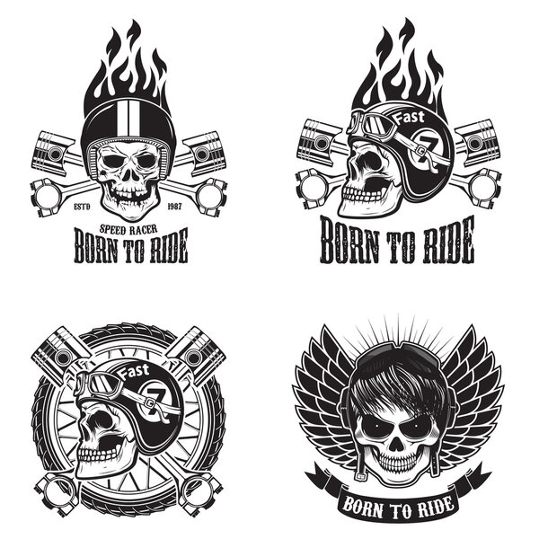 Speed racer. Born to ride. Set of emblems with human skulls in r