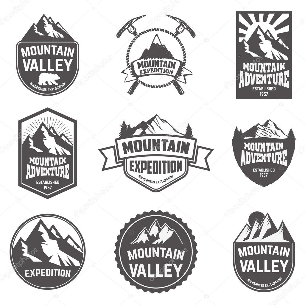 Hiking, mountains exploration labels and emblems. Vector illustration.
