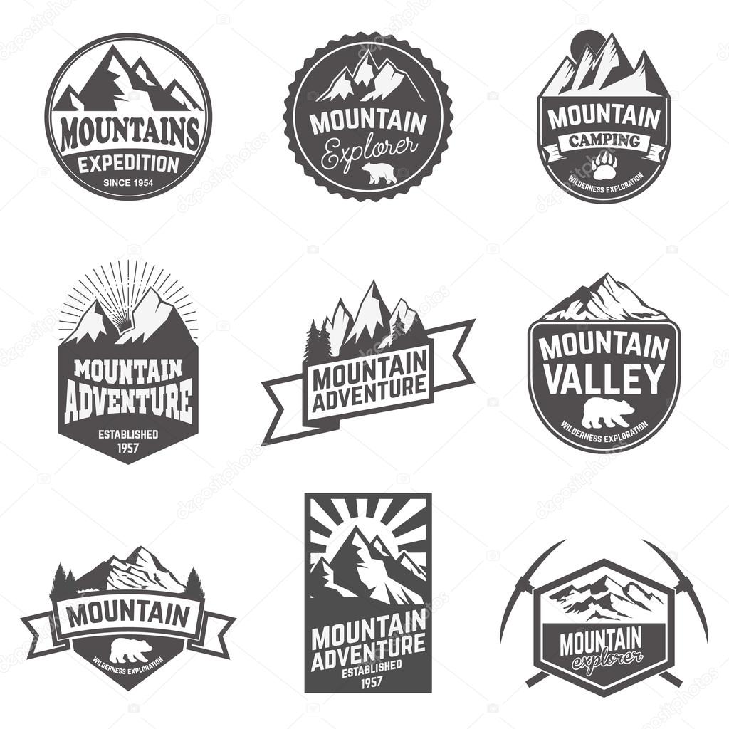 Hiking, mountains exploration labels and emblems. Vector illustration.