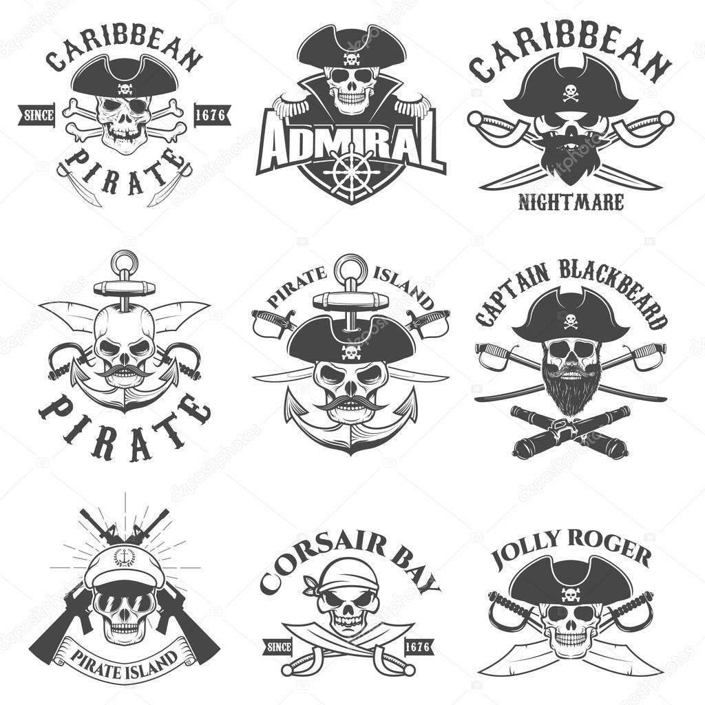 Set of pirates logo, labels, emblems and design elements. Corsairs. Pirate bay. Vector illustration.