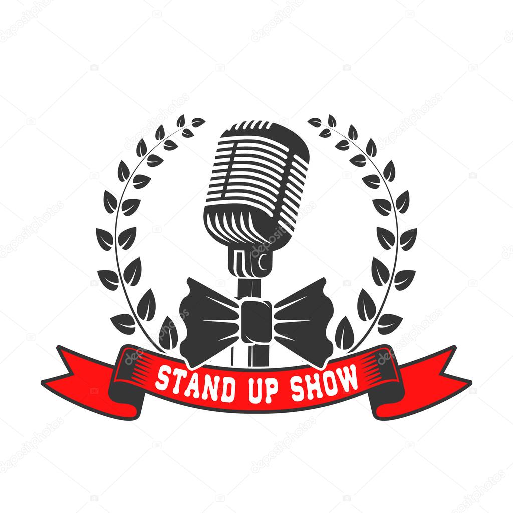 Stand up show emblem template. Old style microphone with laurel wreath isolated on white background. Vector illustration.