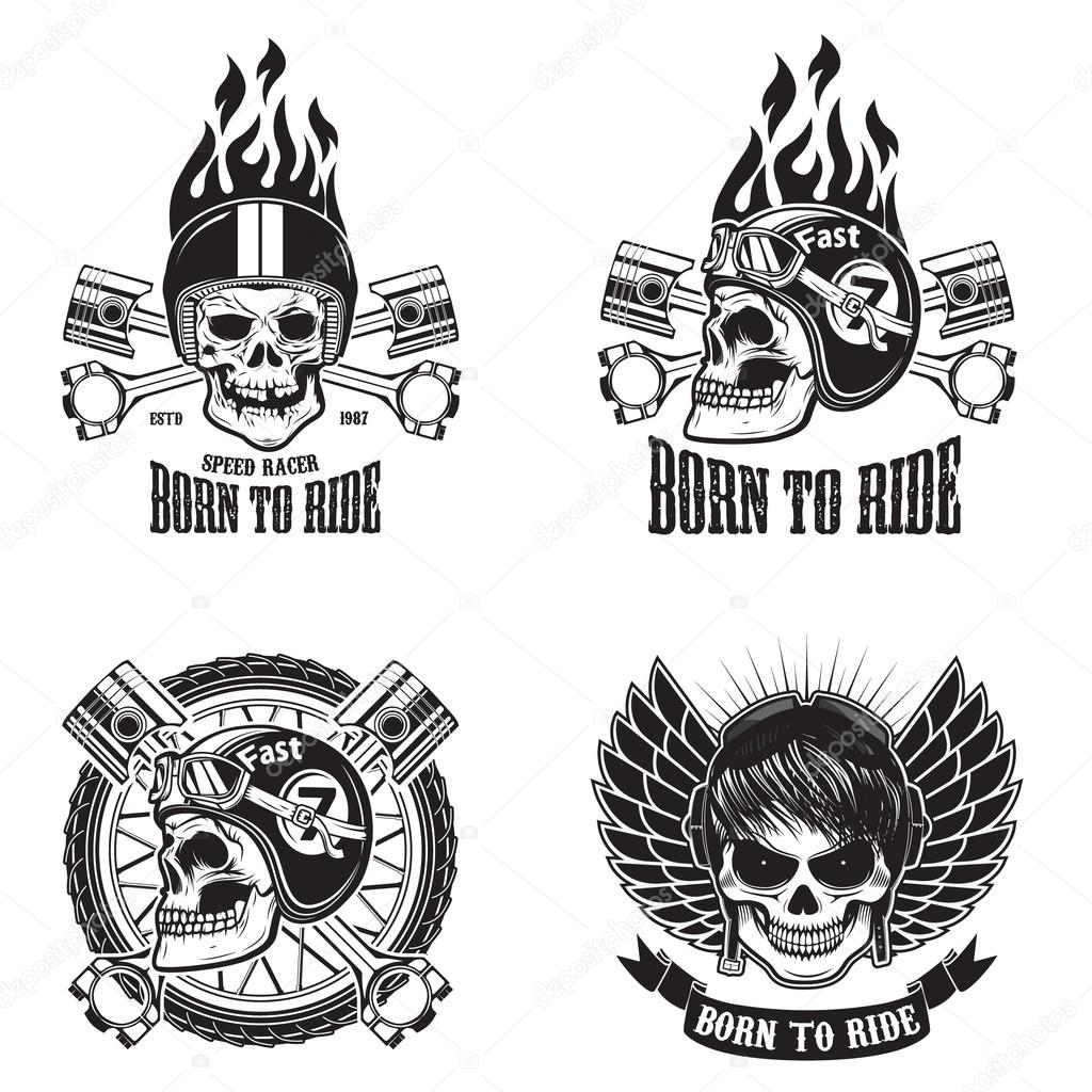 Speed racer. Born to ride. Set of emblems with human skulls in racing helmets. Vector illustration.