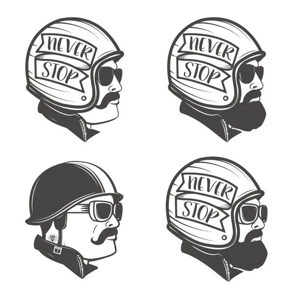 Conjunto de cabezas de hombre en cascos de motocicleta. Elemento de diseño para logo , — Archivo Imágenes Vectoriales