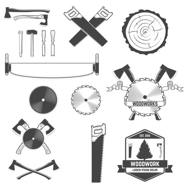 Set of monochrome design elements for woodworks labels and emble — Stock Vector