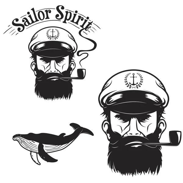 Sailor Spirit. Capitán de mar. Ballena. Elemento de diseño para post — Vector de stock