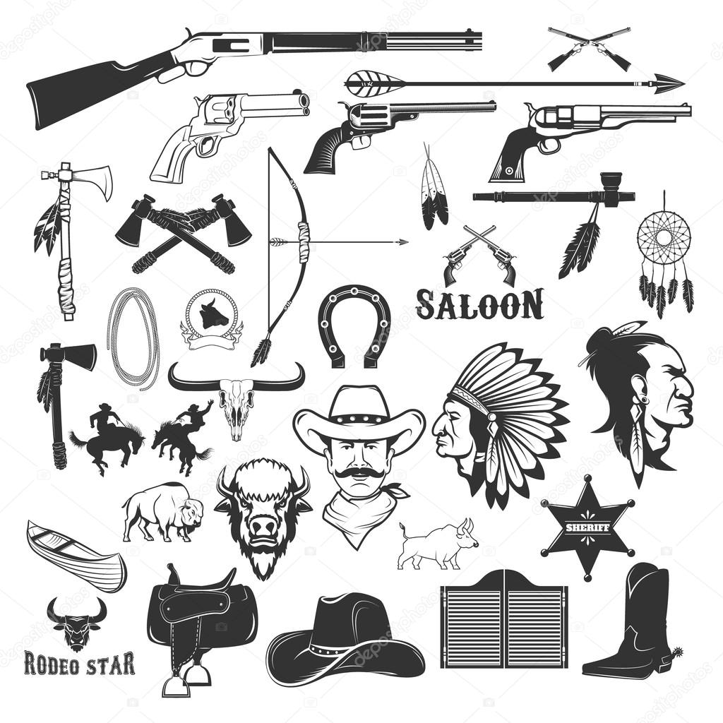 Cowboy and native american indians design elements. Vector illustration.